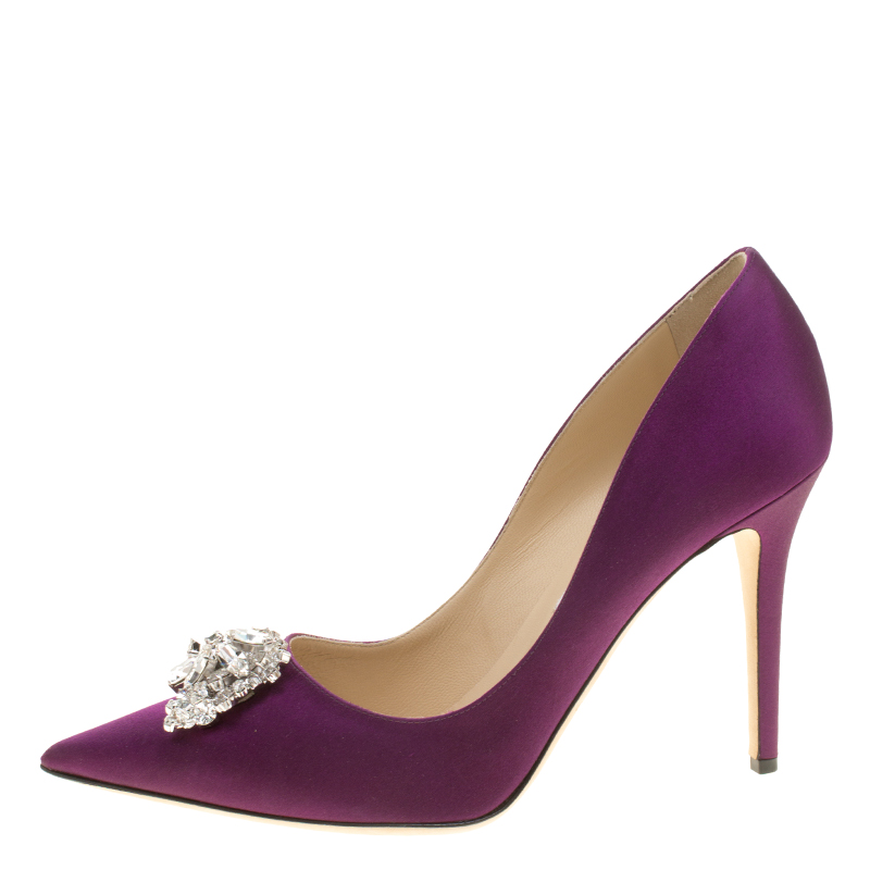 

Jimmy Choo Exclusive Collection Deep Purple Satin Manda Crystal Embellished Pointed Toe Pumps Size