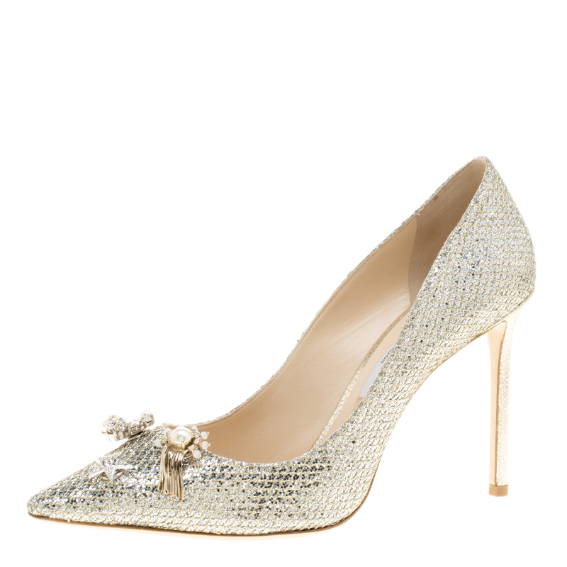 Pre Owned Jimmy Choo Metallic Champagne Glitter Fabric Jasmine Crystal Embellished Pointed Toe Pumps Size 41