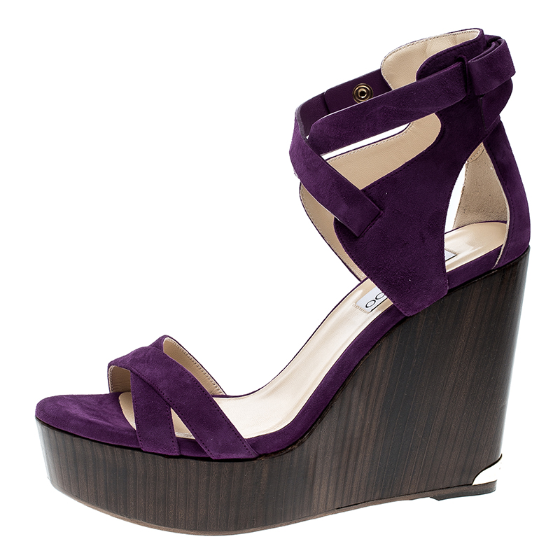 

Jimmy Choo Purple Suede Naomi Cross Strap Bow Detail Wedge Sandals Size