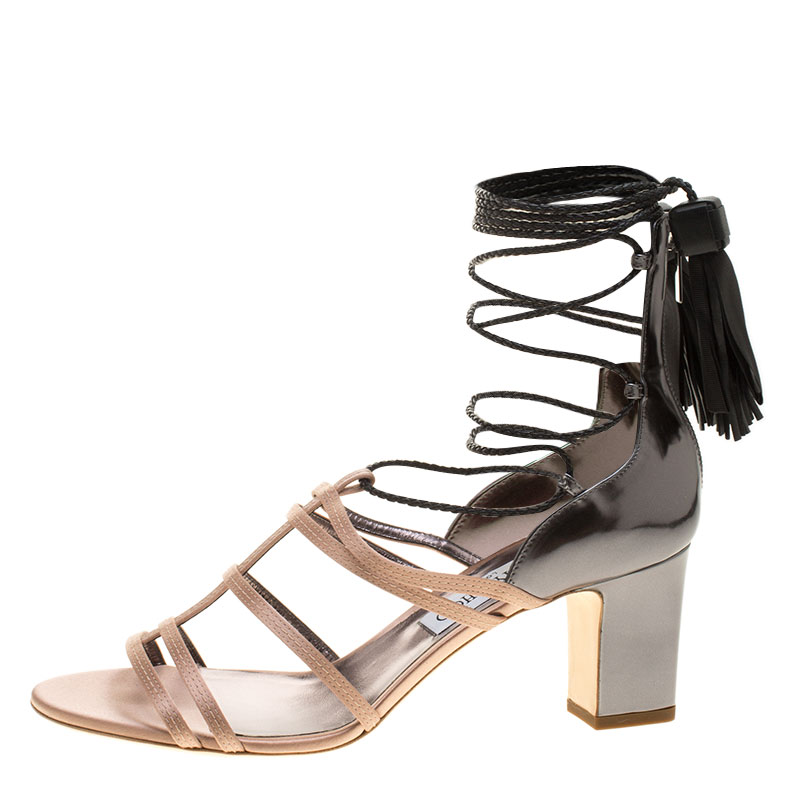 

Jimmy Choo Beige Satin and Metallic Leather Diamond Tie Up Block Heel Sandals Size