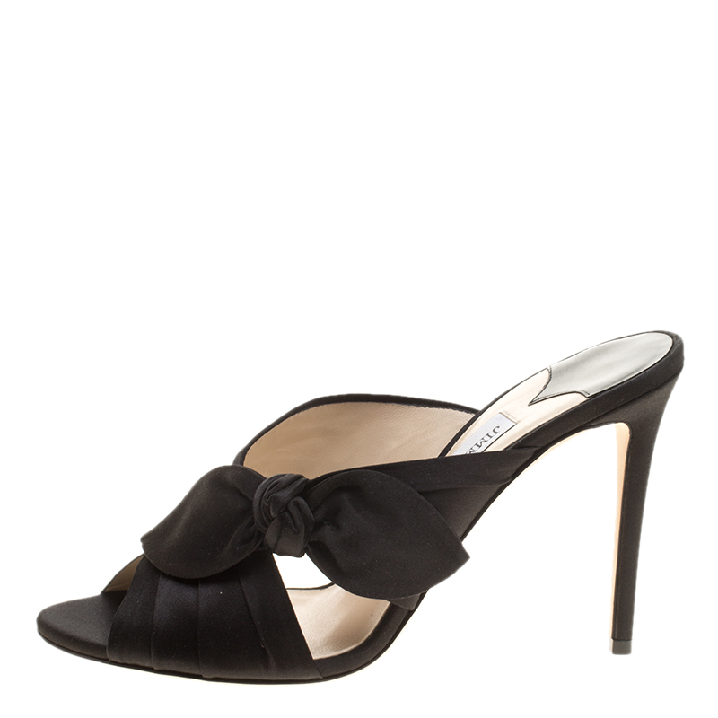 

Jimmy Choo Black Satin Keely Knotted Bow Peep Toe Slides Size