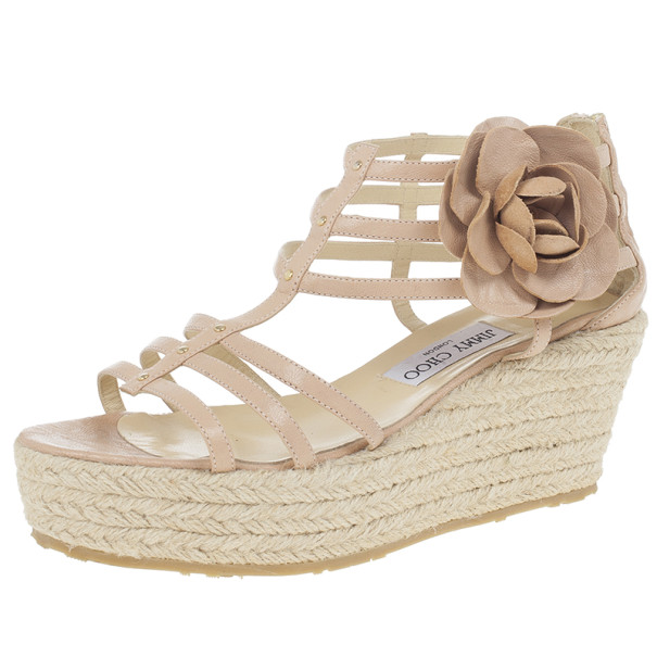 Pre Owned Jimmy Choo Beige Leather Pulse Cage Espadrille Wedges size 40