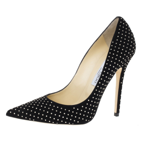 مملوكة مسبقًا Jimmy Choo Black Suede Anouk Studded Pointed Toe Pumps Size 39.5