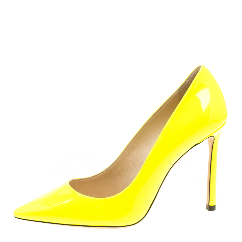 Pre Owned Jimmy Choo Neon Yellow Patent Leather Romy Pointed Toe Pumps Size 36