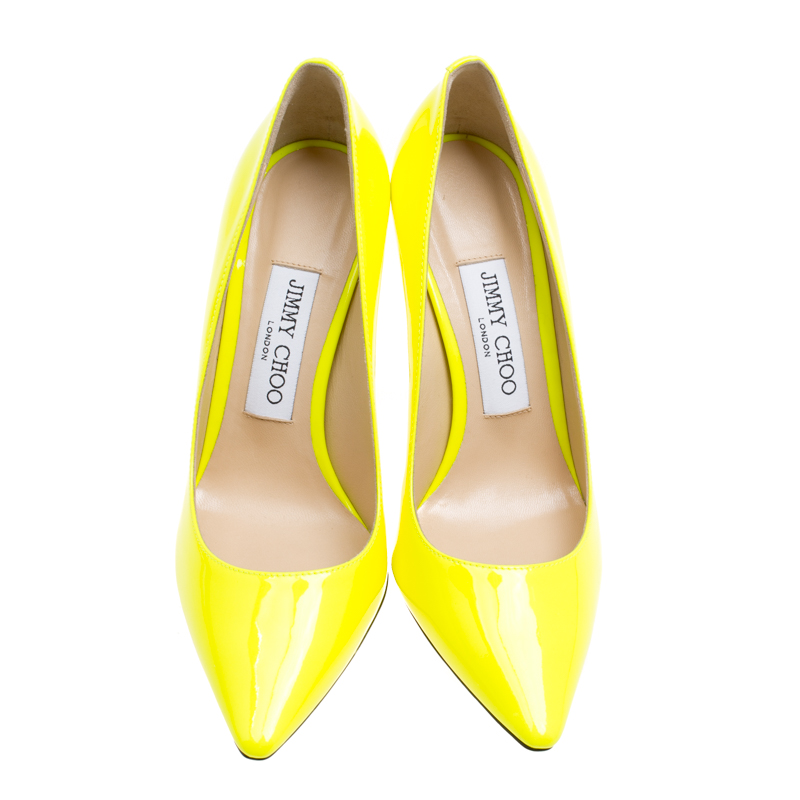 Pre Owned Jimmy Choo Neon Yellow Patent Leather Romy Pointed Toe Pumps Size 36