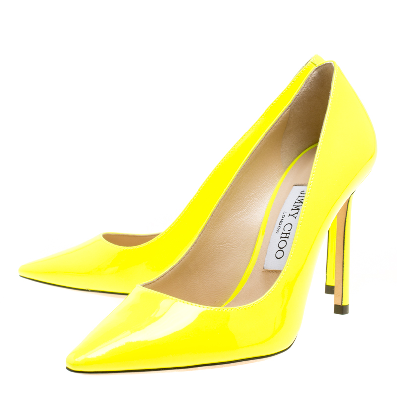 Pre Owned Jimmy Choo Neon Yellow Patent Leather Romy Pointed Toe Pumps Size 36