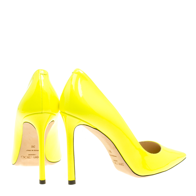 Pre Owned Jimmy Choo Neon Yellow Patent Leather Romy Pointed Toe Pumps Size 36