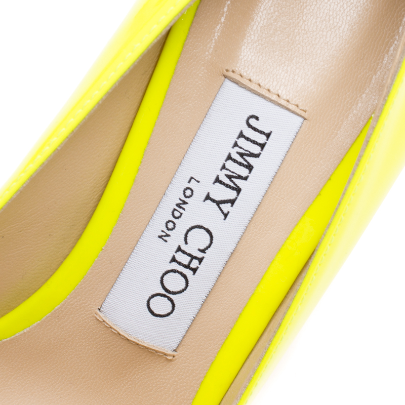 Pre Owned Jimmy Choo Neon Yellow Patent Leather Romy Pointed Toe Pumps Size 36