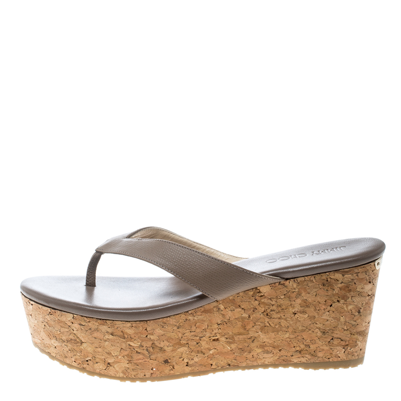 

Jimmy Choo Beige Embossed Leather Paque Cork Platform Sandals Size