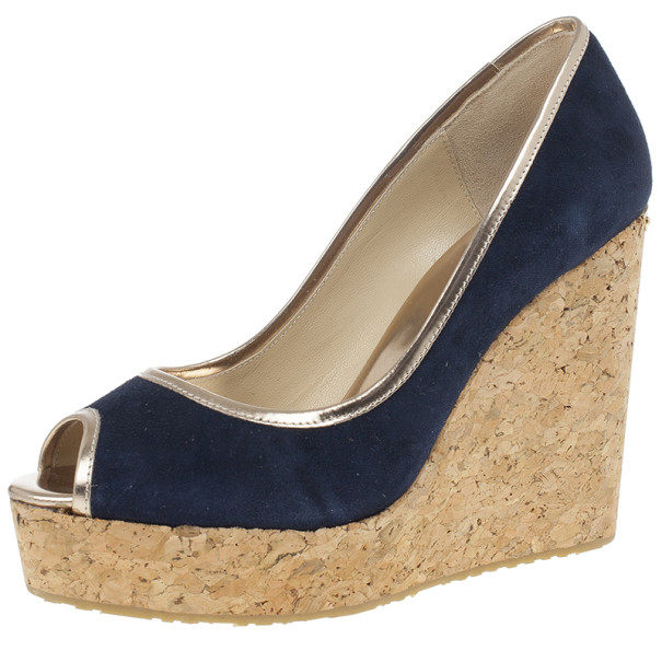 Pre Owned Jimmy Choo Blue & Gold Suede Peep Toe 'Papina' Cork Platform Wedges Size 39.5