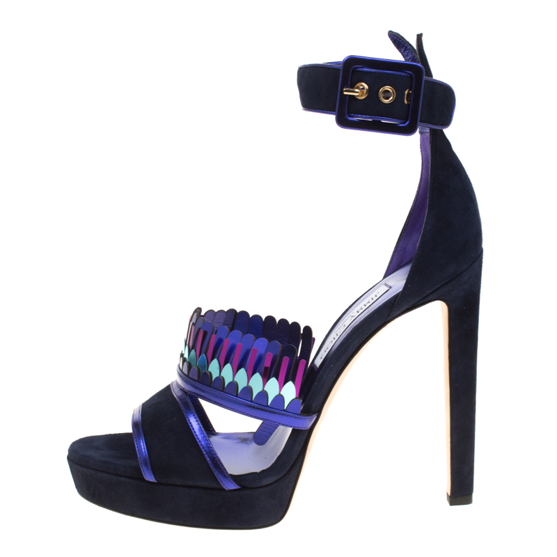 

Jimmy Choo Navy Blue Suede Kathleen Peep Toe Ankle Cuff Sandals Size
