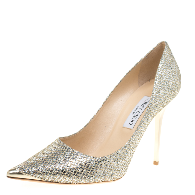 مملوكة مسبقًا Jimmy Choo Metallic Gold Lamé Glitter Fabric Abel Pointed Toe Pumps Size 41