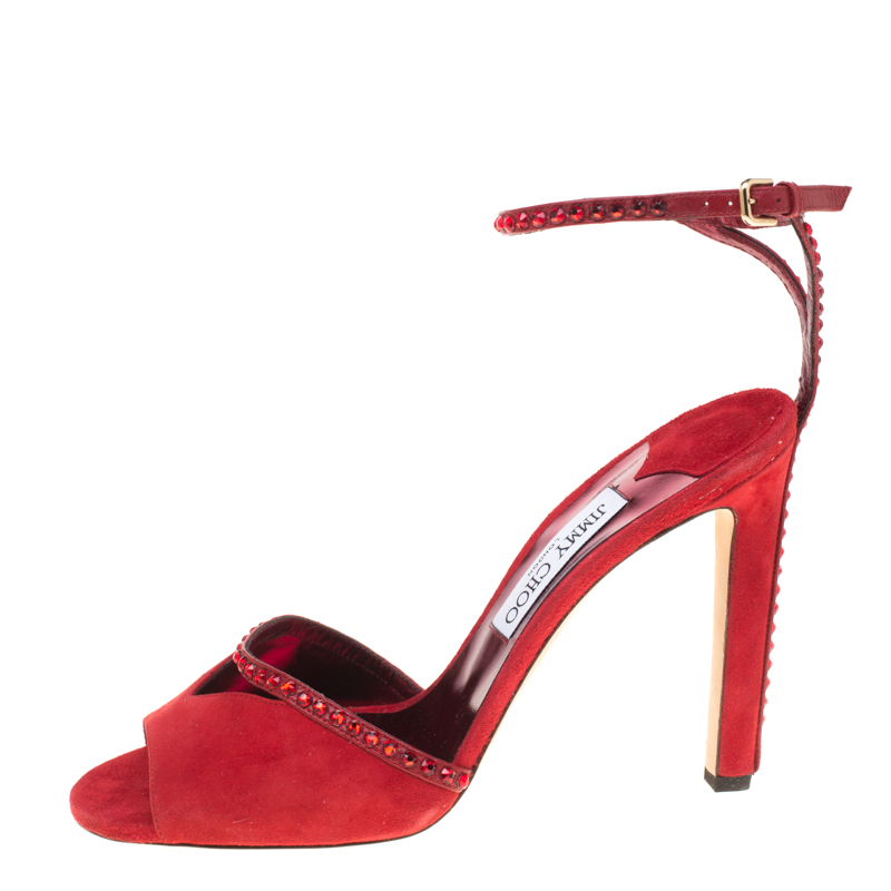 

Jimmy Choo Red Suede Kara Crystal Embellished Ankle Strap Peep Toe Sandals Size