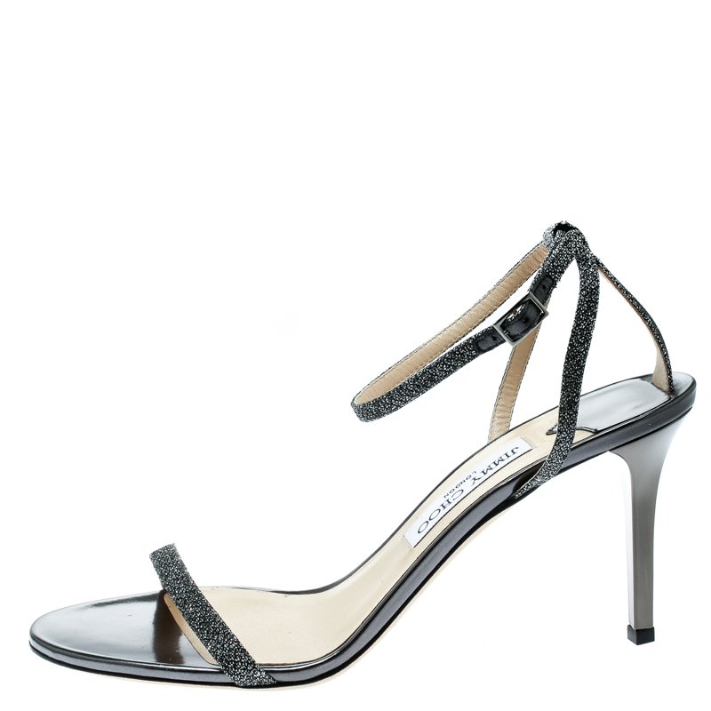 

Jimmy Choo Metallic Dark Grey Lamè Fabric Minny Ankle Strap Open Toe Sandals Size