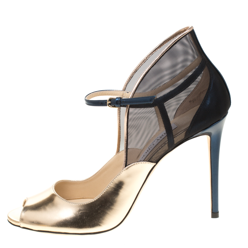 

Jimmy Choo Metallic Gold Leather With Blue Mesh Trudie Peep Toe Ankle Strap Pumps Size