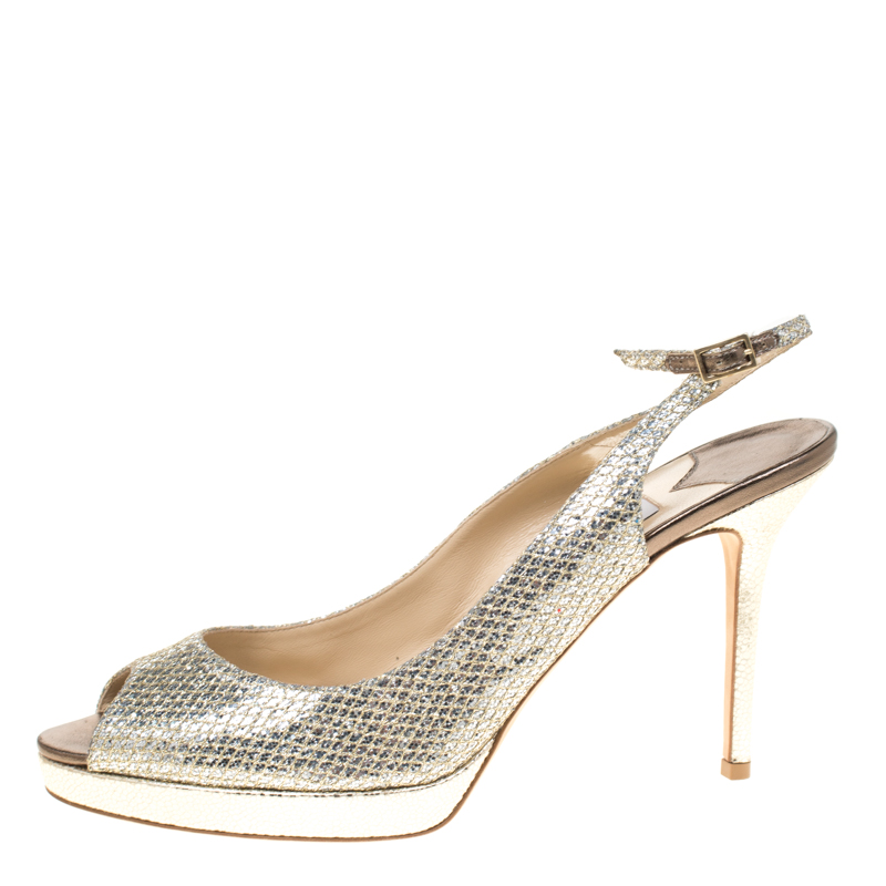 

Jimmy Choo Metallic Gold Lamè Glitter Fabric Nova Peep Toe Platform Slingback Sandals Size