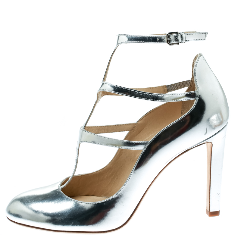 

Jimmy Choo Metallic Silver Leather Doll Caged Round Toe Pumps Size