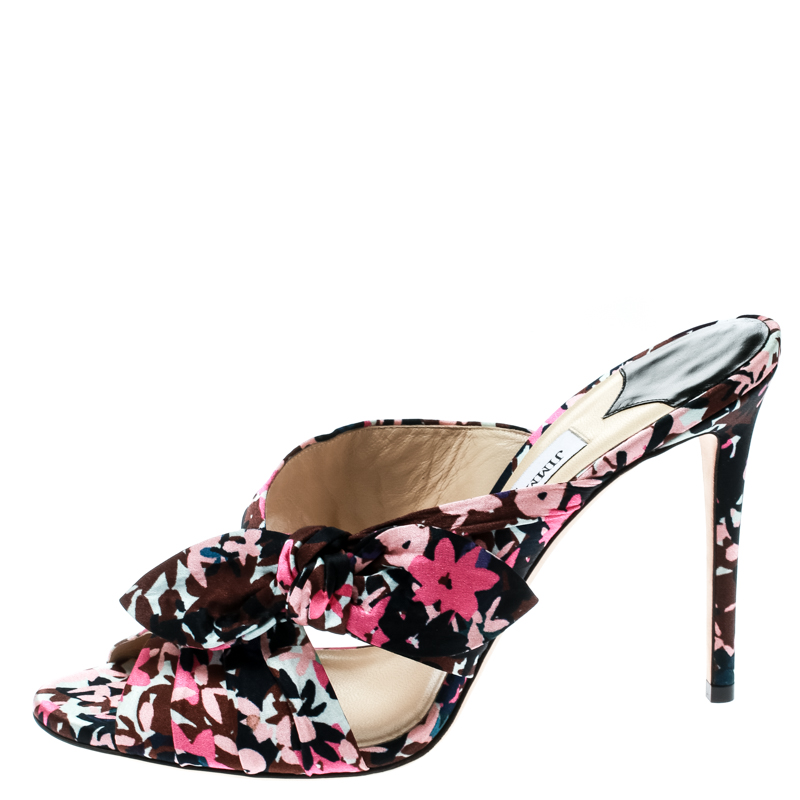 

Jimmy Choo Multicolor Floral Print Satin Keely Knotted Bow Peep Toe Slides Size