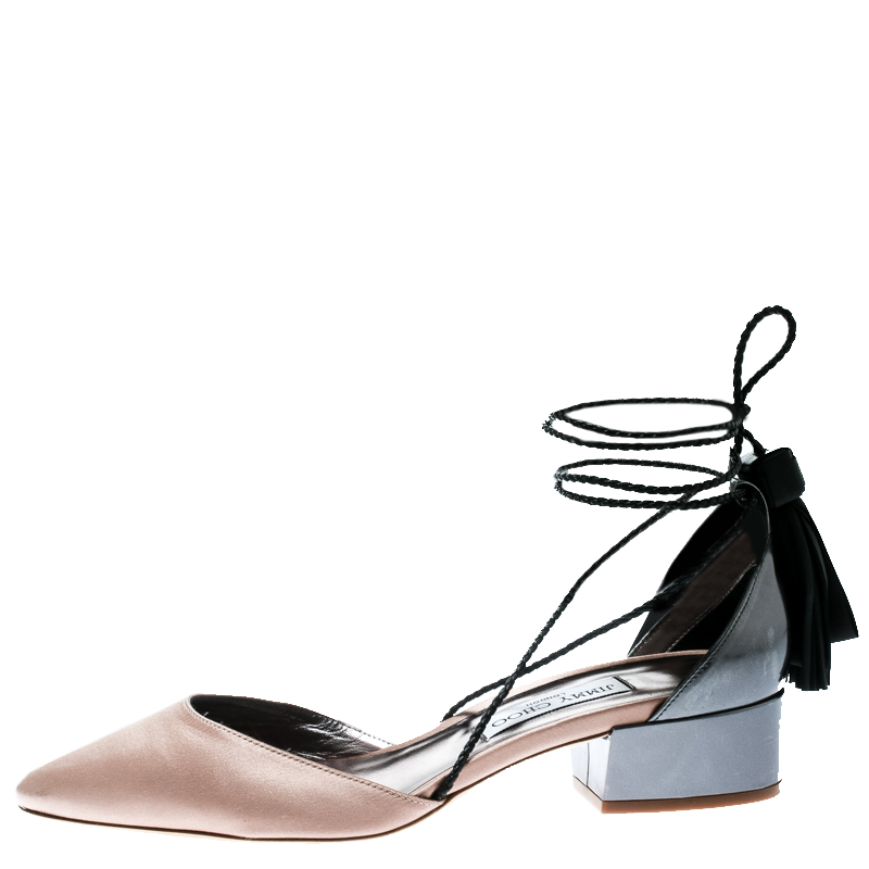 

Jimmy Choo Beige Satin And Metallic Grey Leather Duchess Ankle Wrap Sandals Size