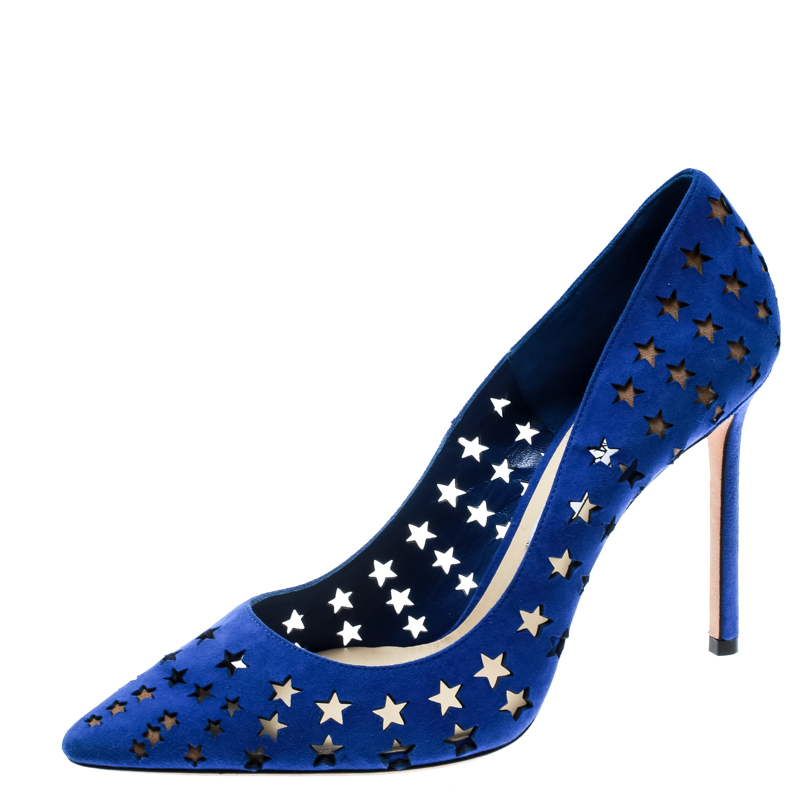 Pre Owned Jimmy Choo Cobalt Blue Romy Perforated Stars Pointed Toe Pumps Size 40