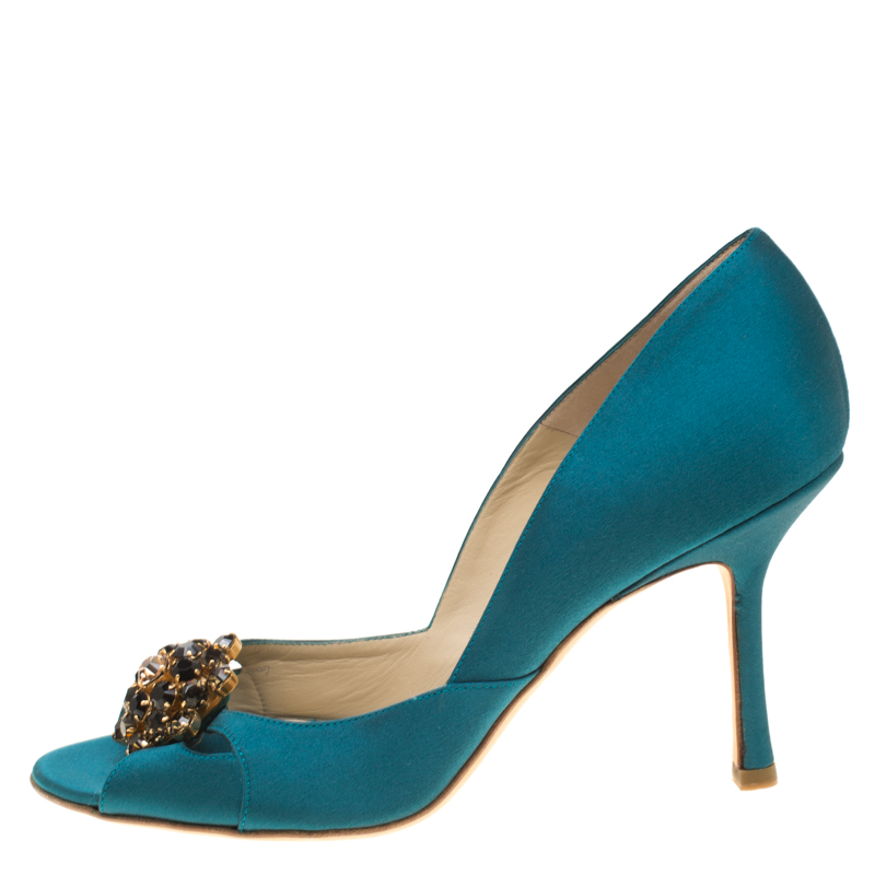 

Jimmy Choo Turquoise Blue Satin Crystal Embellished Cut Out Peep Toe Sandals Size
