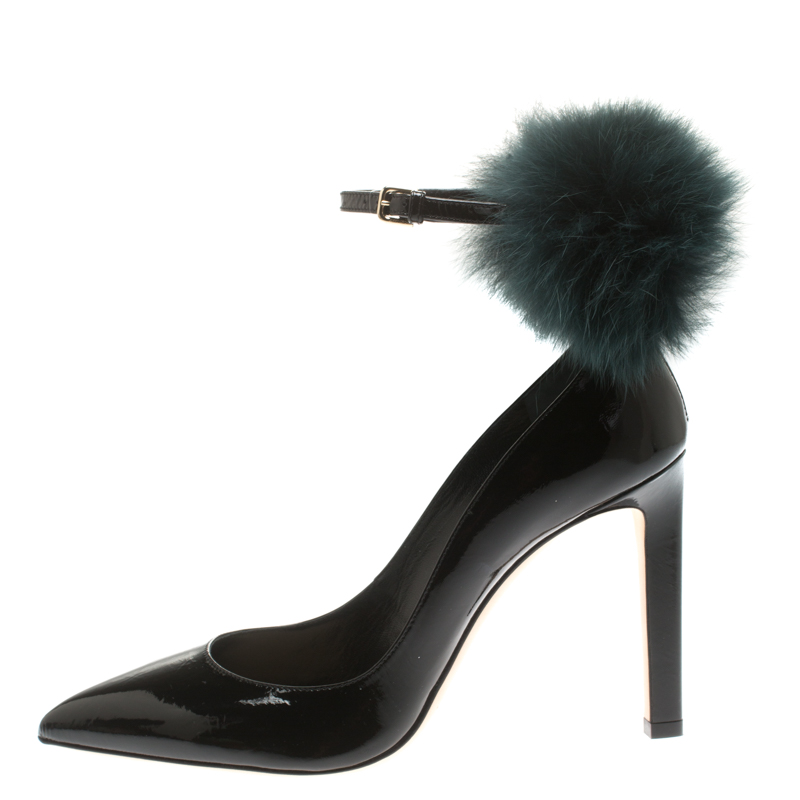 

Jimmy Choo Black Patent Leather And Bottle Green Fox Fur Pom Pom South Ankle Strap Pointed Toe Pumps Size