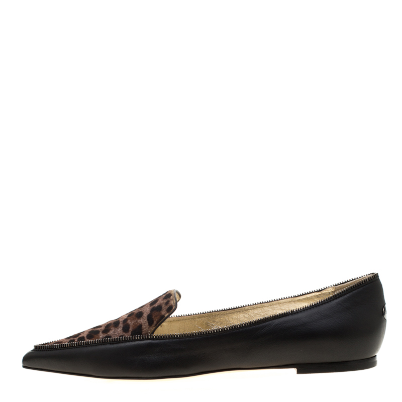 

Jimmy Choo Black Leather And Brown Leopard Print Pony Hair Paloma Pointed Toe Flats Size