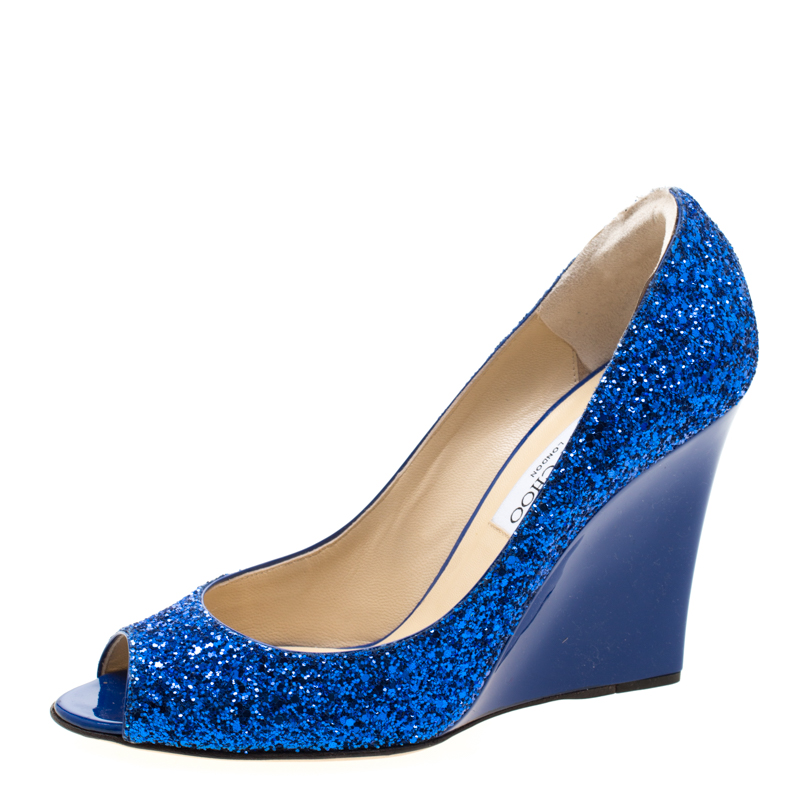 

Jimmy Choo Blue Glitter Bello Peep Toe Pumps Size