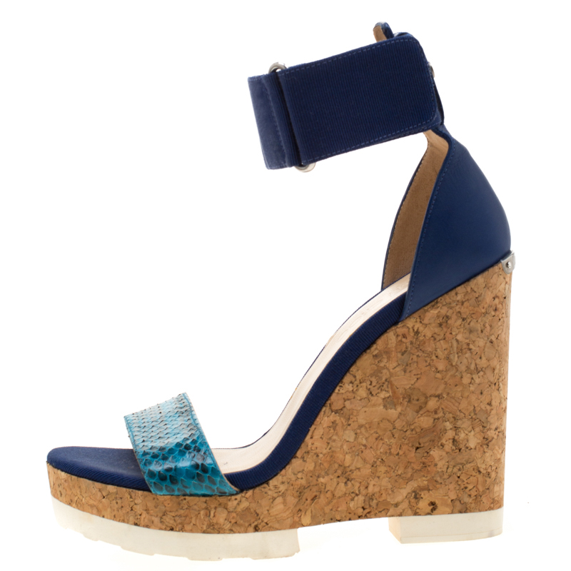 

Jimmy Choo Blue Watersnake Leather Neston Ankle Strap Cork Wedge Platform Sandals Size