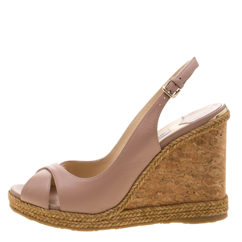 

Jimmy Choo Pale Pink Leather Amely Espadrille Trim Cork Wedge Slingback Sandals Size