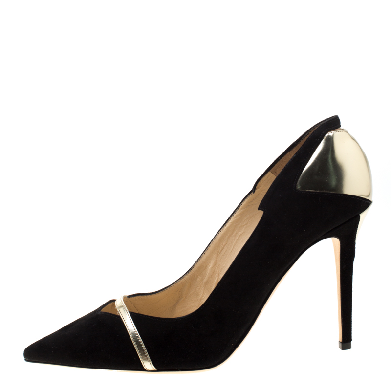 

Jimmy Choo Black Suede And Metallic Gold Leather Cut Out Detail Pointed Toe Pumps Size