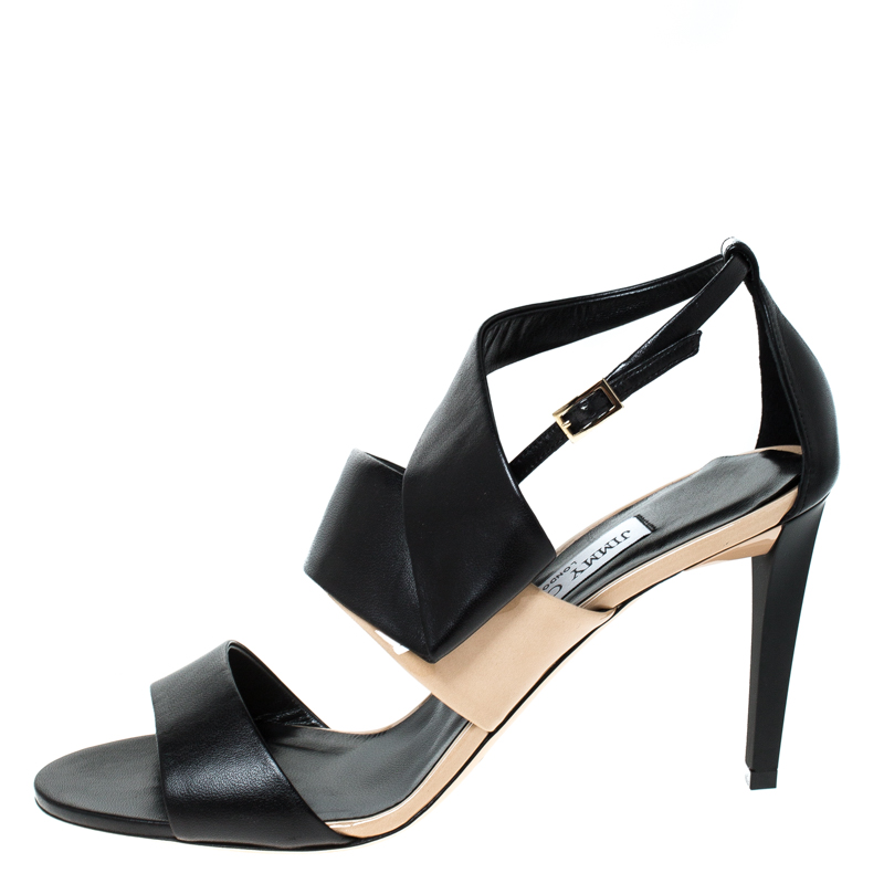 

Jimmy Choo Black/Beige Pleated Leather Trapeze Sandals Size