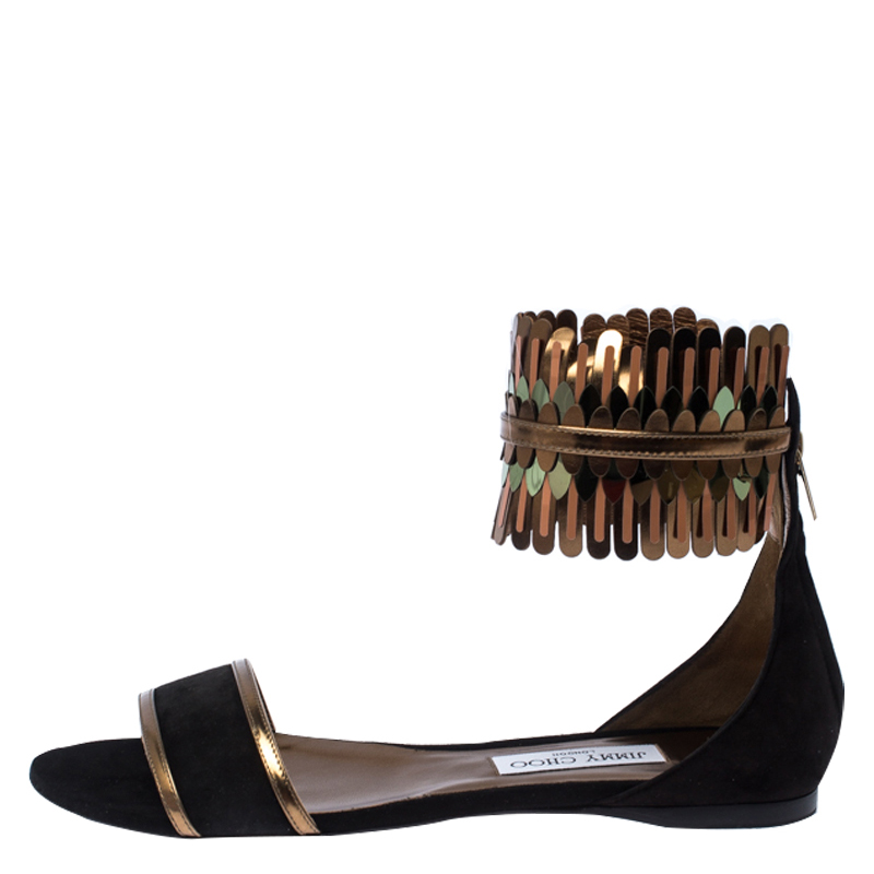 

Jimmy Choo Black/Gold Suede and Mirror Leather Kimro Ankle Cuff Flat Sandals Size