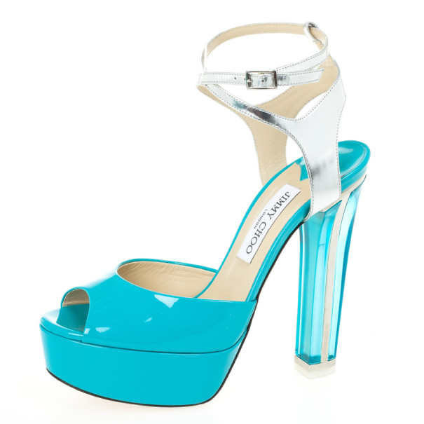 Pre Owned Jimmy Choo Blue Patent Leather Lolita Platform Sandals Size 39