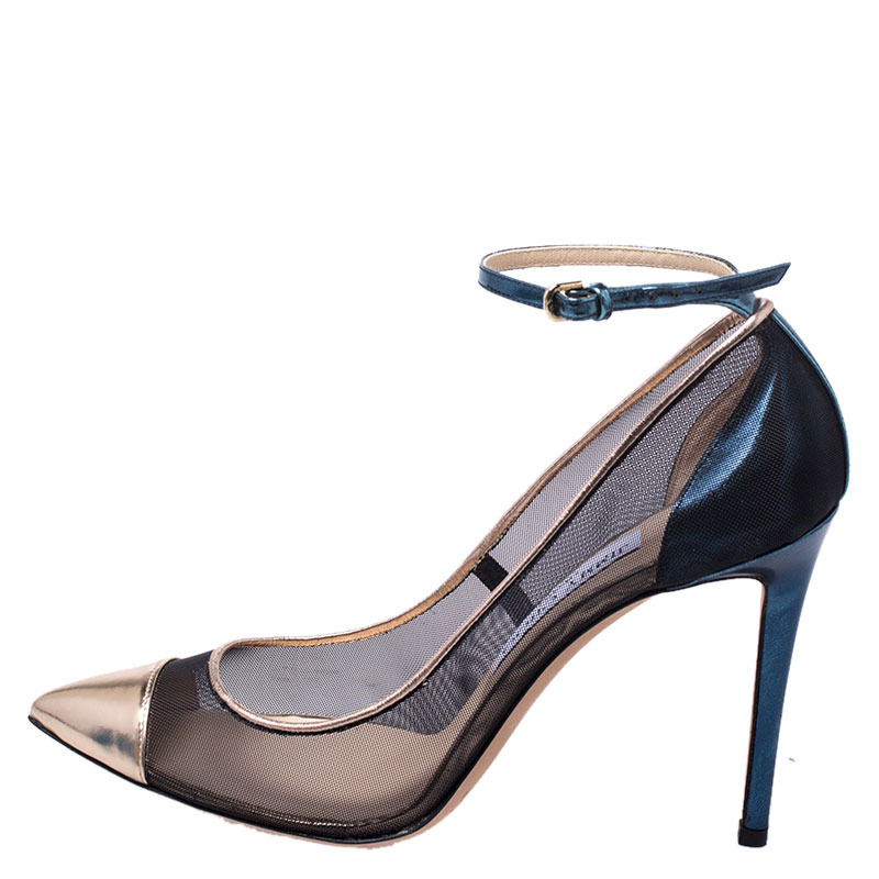 

Jimmy Choo Black/Gold Mesh and Patent Leather Tower Ankle Strap Pumps Size