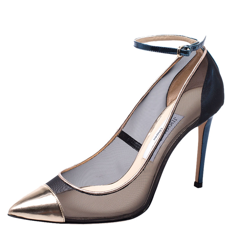 Pre Owned Jimmy Choo Black/Gold Mesh and Patent Leather Tower Ankle Strap Pumps Size 38