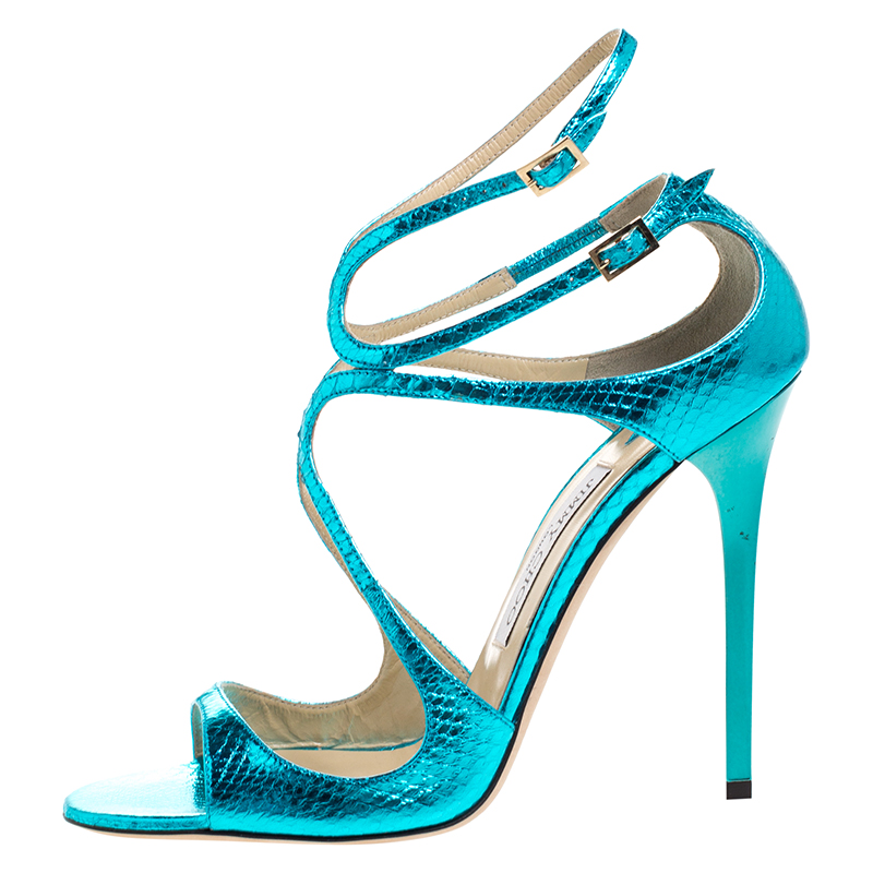 

Jimmy Choo Blue Python Embossed Leather Criss Cross Strap Sandals Size
