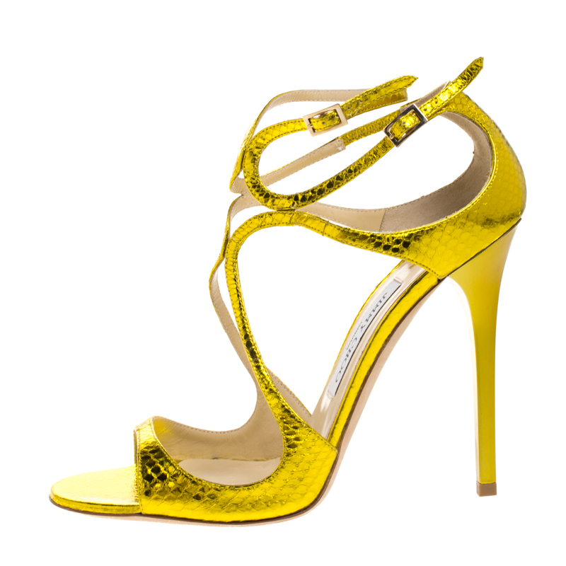 

Jimmy Choo Metallic Yellow Python Embossed Leather Criss Cross Strap Sandals Size