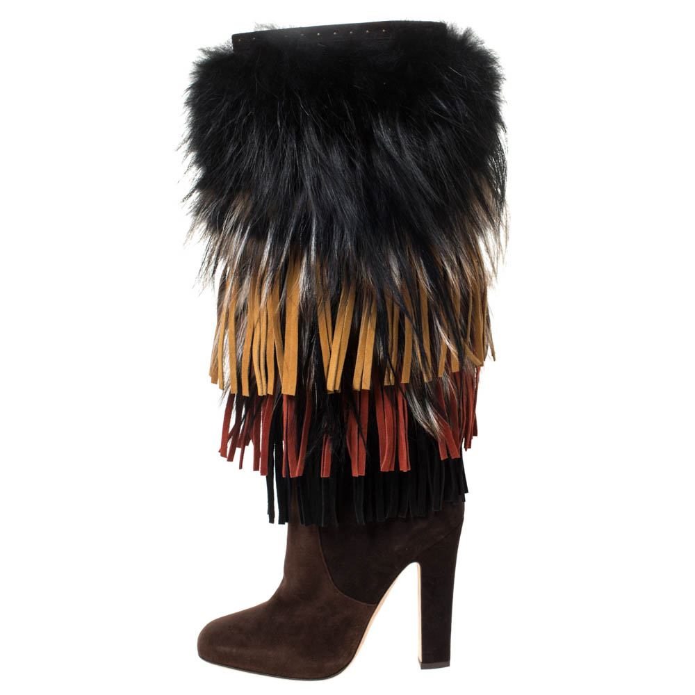 

Jimmy Choo Brown Suede And Fox Fur Trimmed Dalia Knee High Boots Size