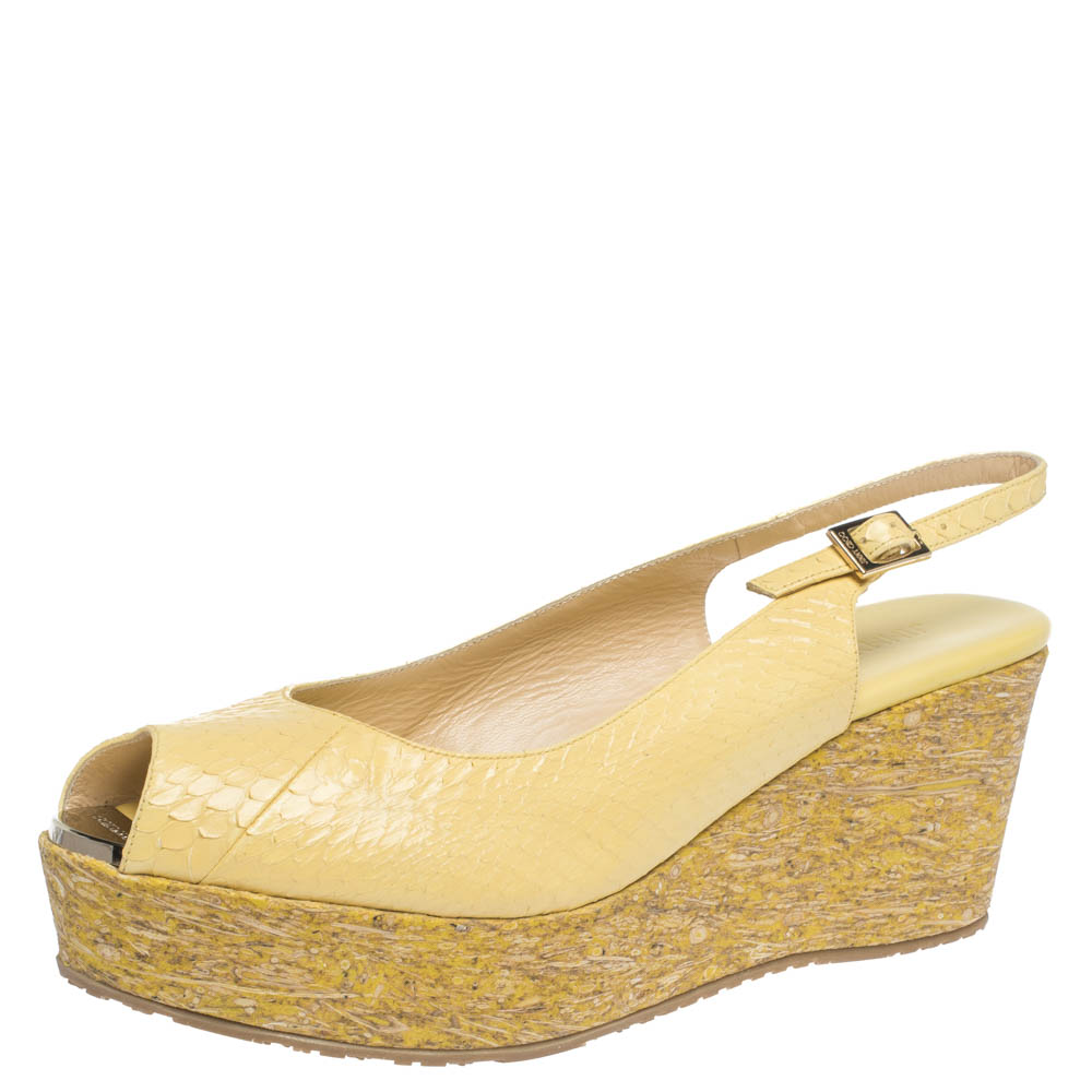 Pre-owned Jimmy Choo Yellow Elaphe Leather Praise Cork Wedge Sandals Size 41