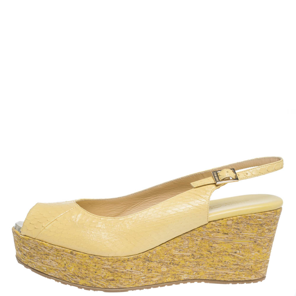 

Jimmy Choo Yellow Elaphe Leather Praise Cork Wedge Sandals Size