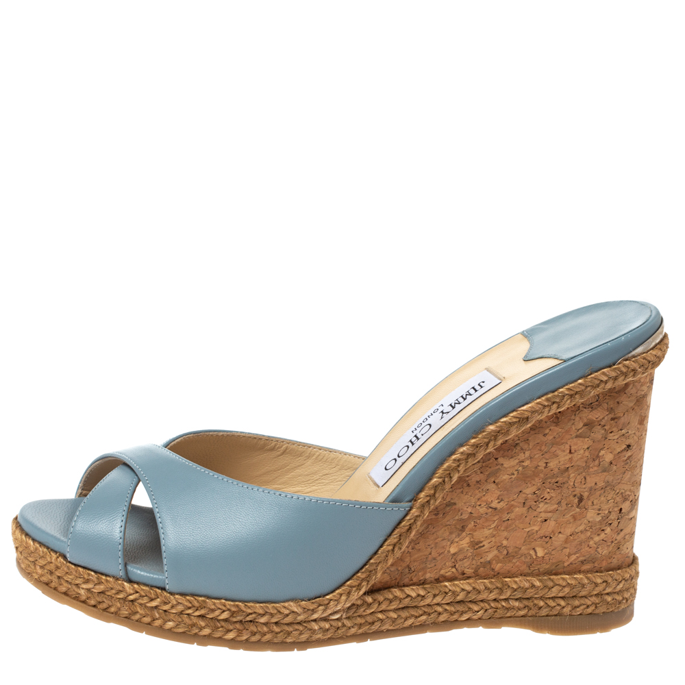 

Jimmy Choo Blue Leather Almer 105 Cork And Espadrille Wedges Size