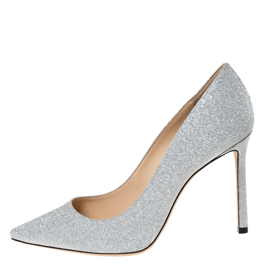 

Jimmy Choo Silver Glitter Fabric Romy Pointed Toe Pumps Size
