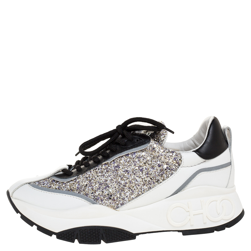 

Jimmy Choo White/Sliver Leather And Glitter Raine Low Top Sneakers Size