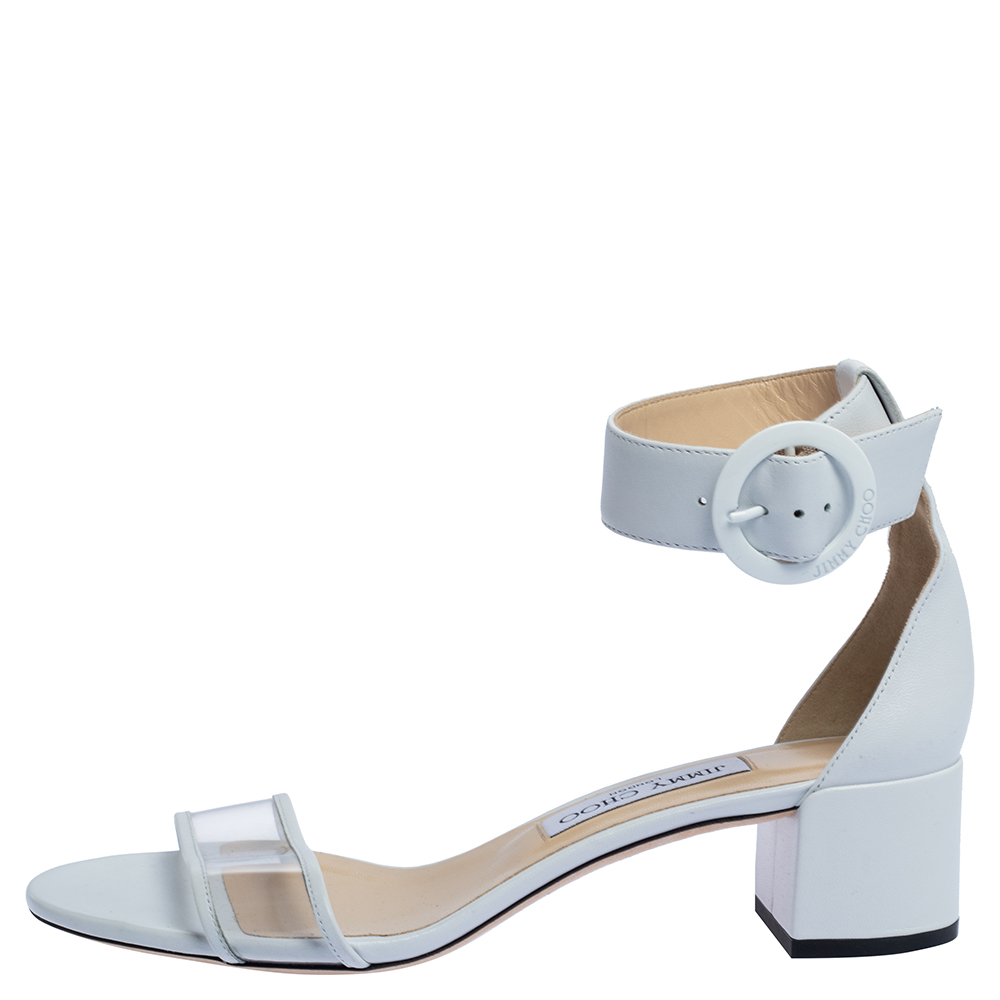 

Jimmy Choo White Leather And PVC Jaimie Ankle Strap Sandals Size