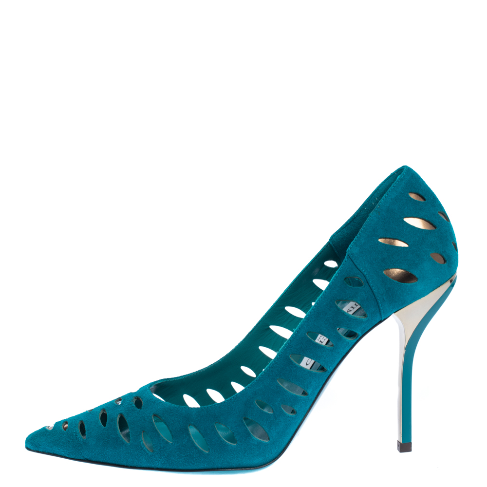 

Jimmy Choo Blue Suede Leather Talka Lazer Cut Pointed Toe Pumps