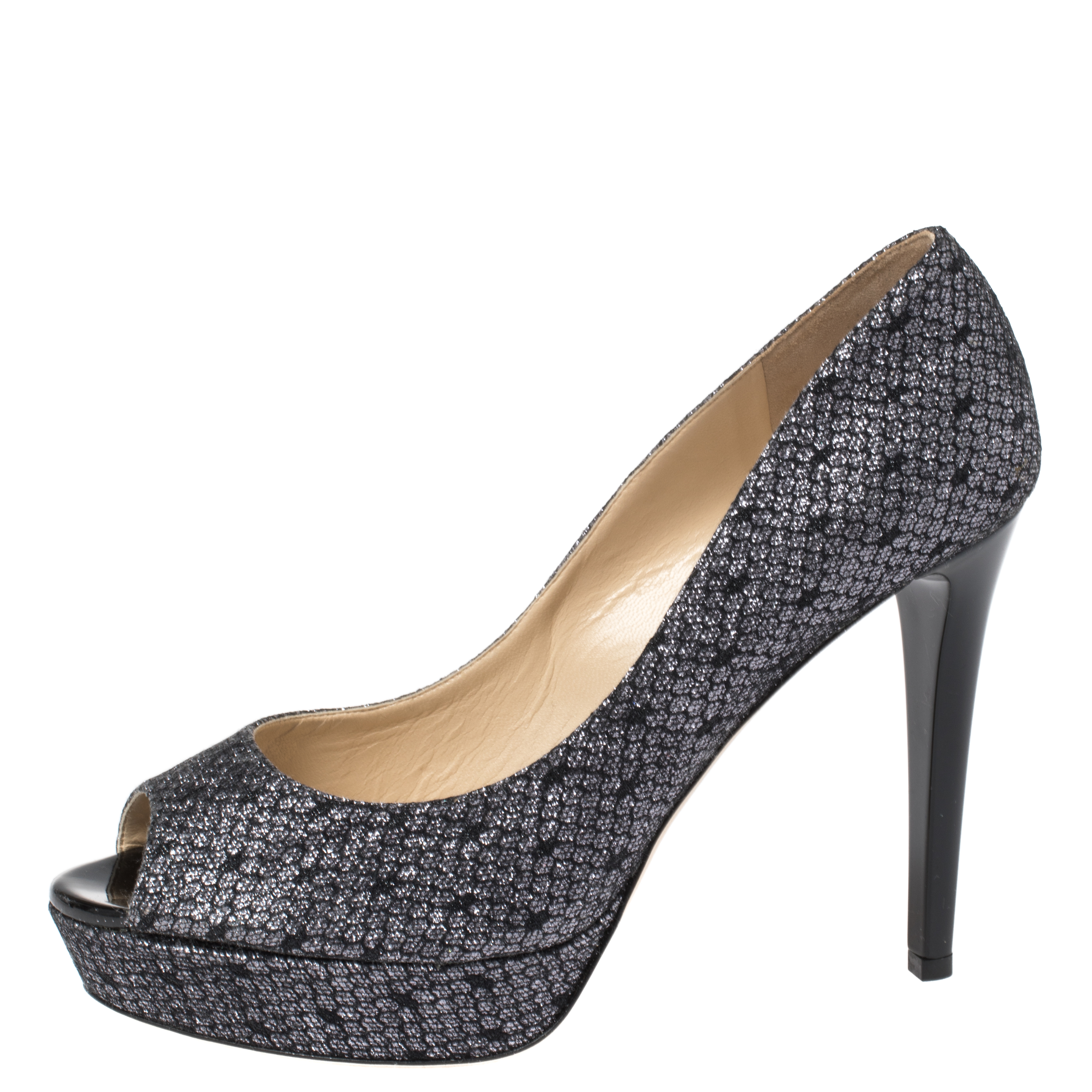 

Jimmy Choo Black Lam÷ Glitter Fabric Dahlia Platform Peep Toe Pumps Size