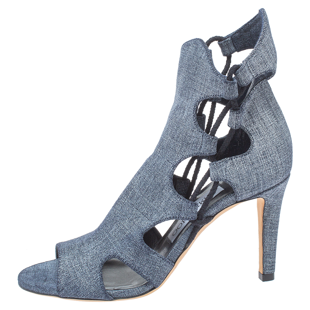 

Jimmy Choo Blue Denim Fabric Elasticized Cutout Sandals Size