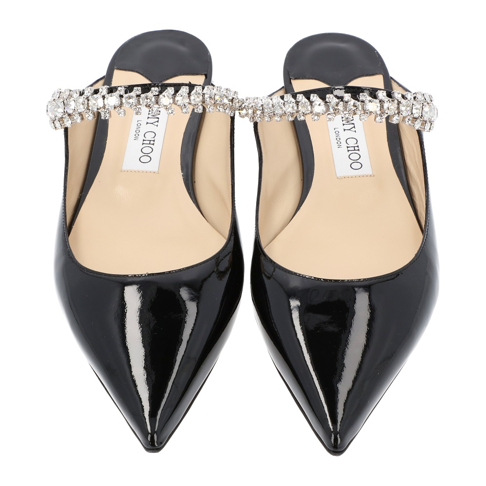 

Jimmy Choo Black Bing Patent Crystal Strap Flats Size