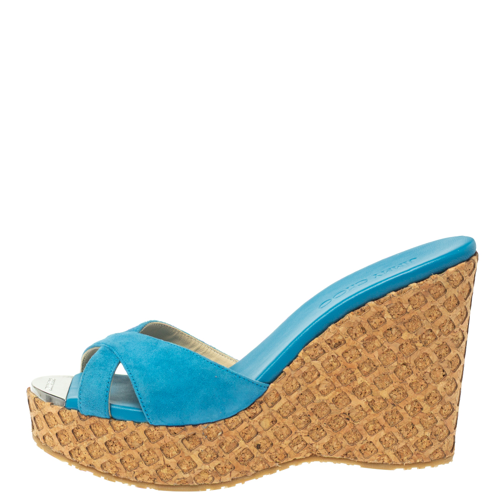 

Jimmy Choo Blue Suede Perfume Cross Strap Cork Wedge Slides Size